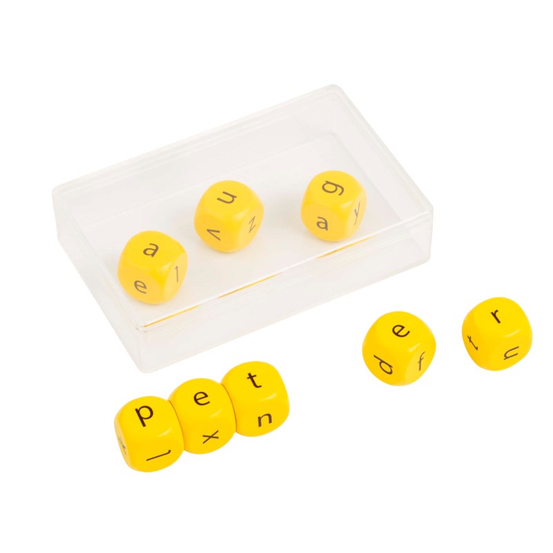 Dice - alphabet symbols | Educo | Play set | Yellow | 18 mm | 8 pieces | LETTERLIJK.